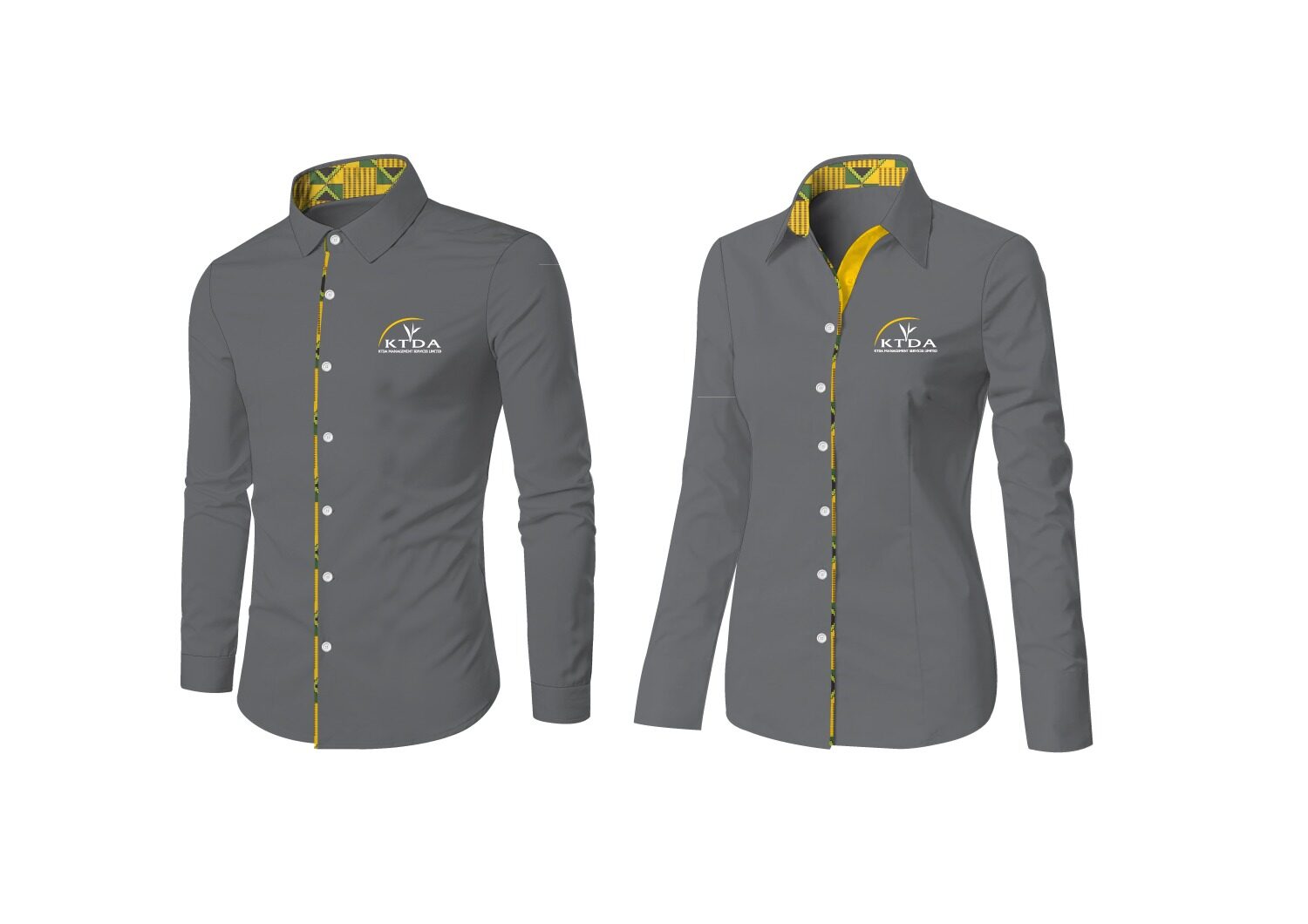 Grey XTOA corporate long-sleeve shirt with yellow trim, shown from three angles