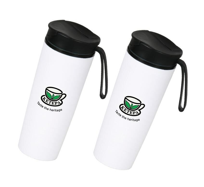 Pair of white Ketepa branded travel tumblers
